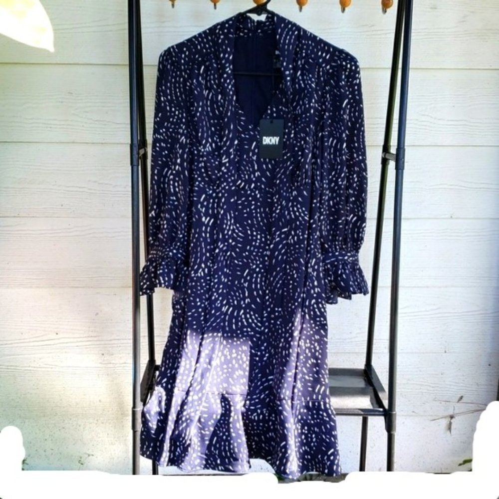 BNWT DKNY Navy Printed Tie Neck Bishop-Sleeve Mini (6) - Picture 3 of 12